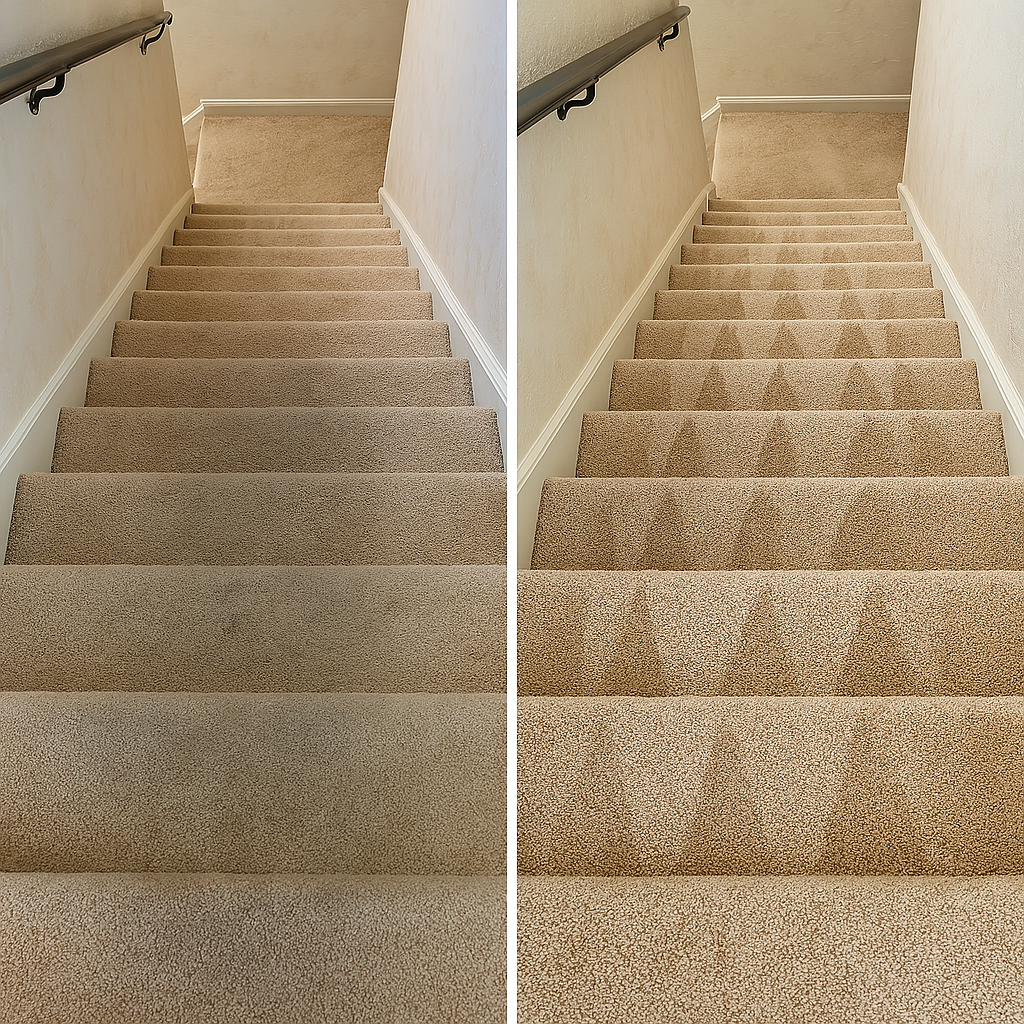 Side-by-side view of a carpeted staircase