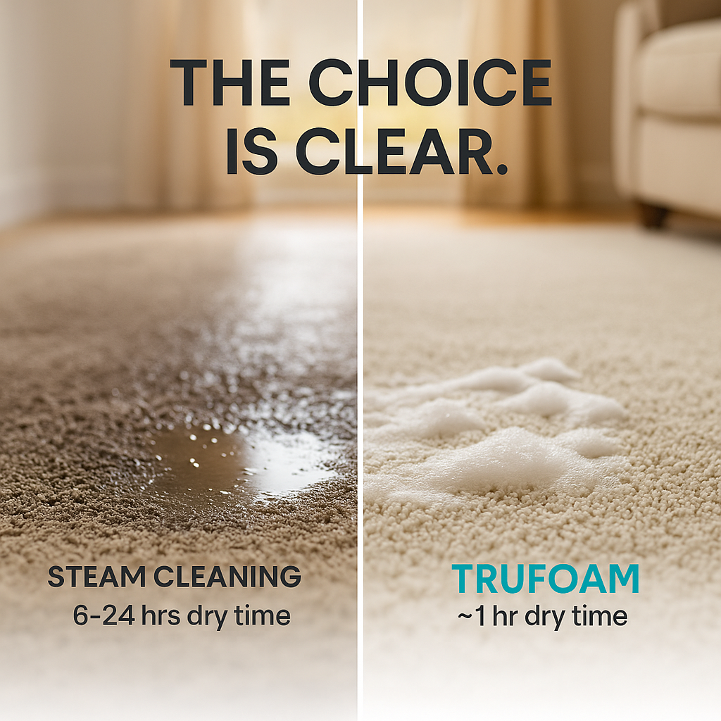 Side-by-side comparison: TruFoam dry-foam vs traditional steam carpet cleaning results