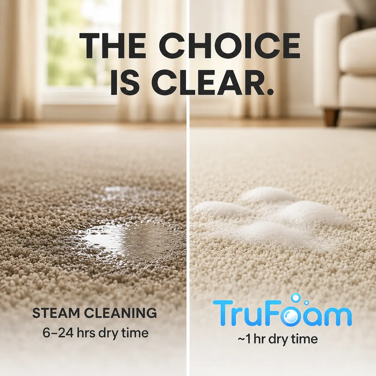 Side-by-side comparison: TruFoam dry-foam vs traditional steam carpet cleaning results