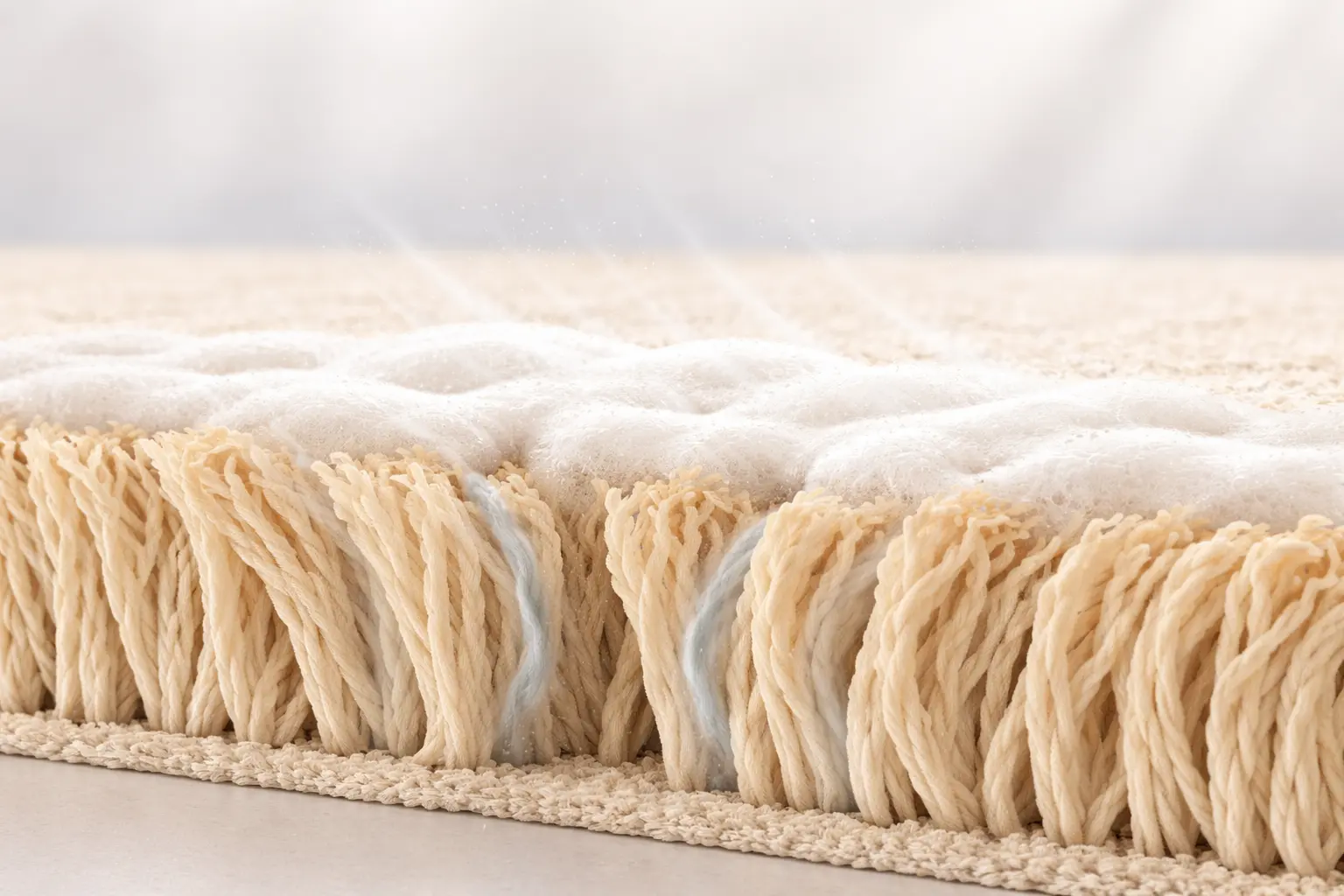 Illustration of micro-bubble dry-foam being worked into carpet fibers